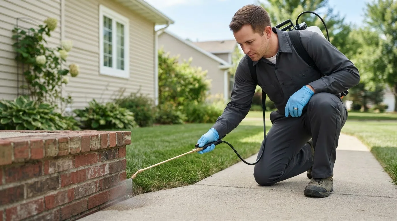 Pest control technician treating a home near Sheridan, OR